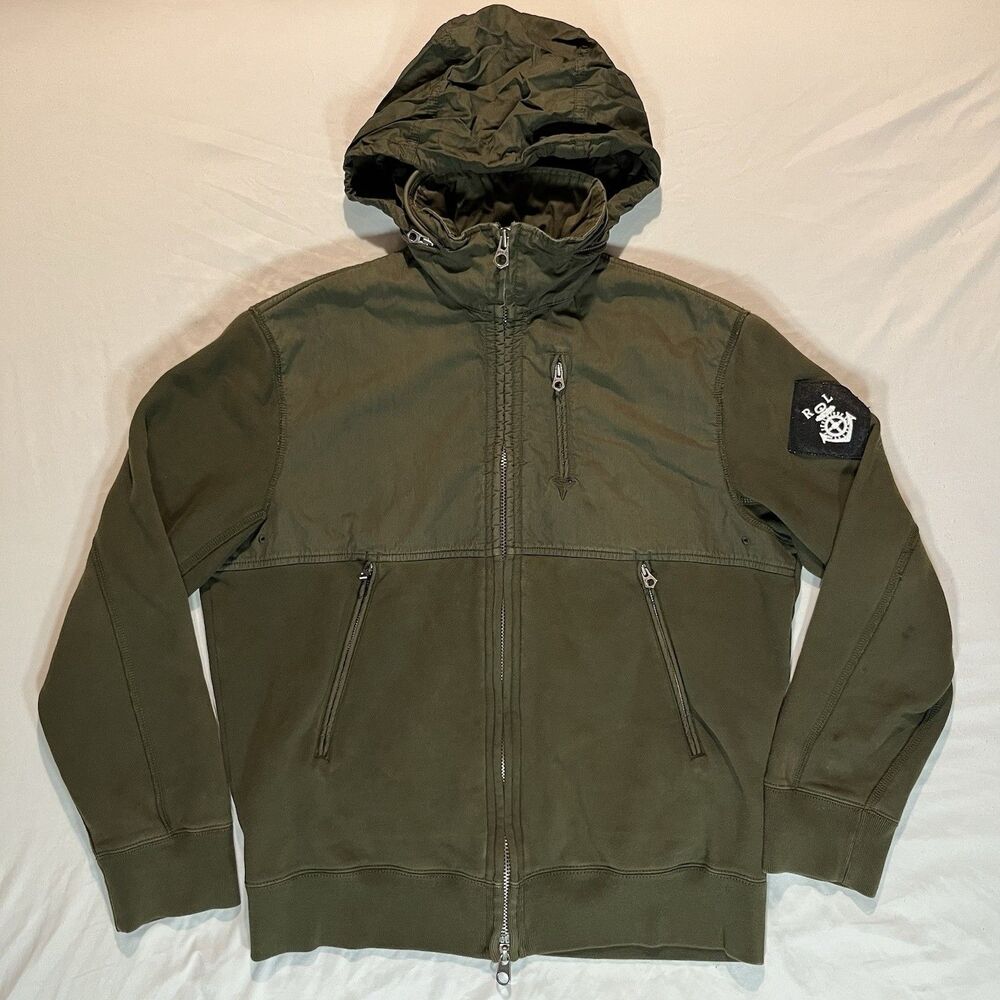 Polo Ralph Lauren RL Hooded Full Zip Jacket Olive Green Mens L Military M65 Y2K
